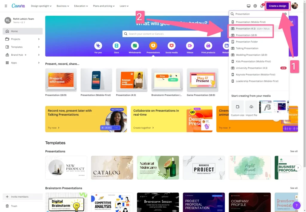 Create a New Presentation In Canva
