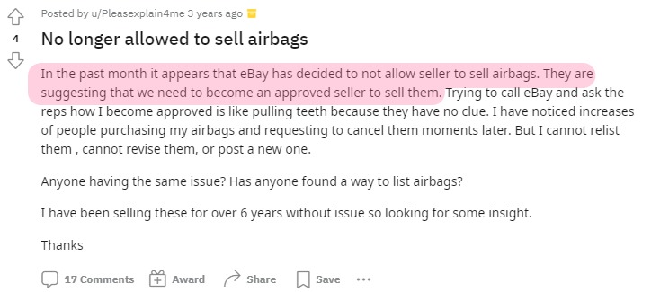 Reddit User on eBay Airbags