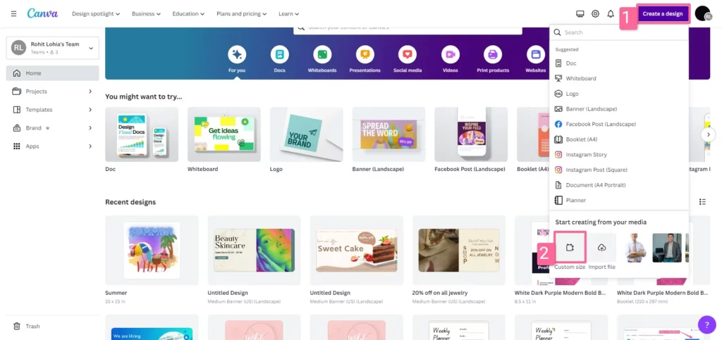 click on create a design button