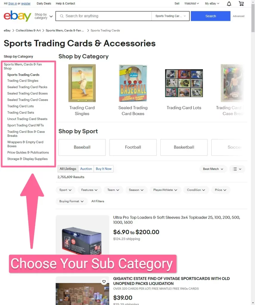 ebay Trading Card Sub Category